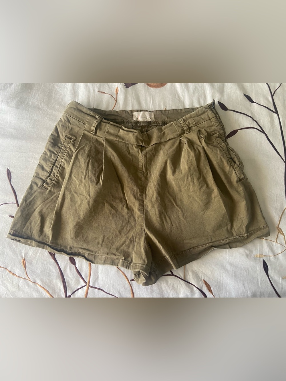 Anthropologie Tan Olive Khaki High-Rise Cotton Shorts 10 Stretchy Good Condition